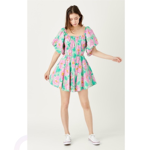 &merci Bubble Puff Sleeve Pink Green Floral Floral Flare Mini Dress - Picture 3 of 14